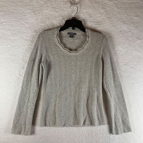 Ann Taylor Sweaters - Ann Taylor Women's Scalloped Scoop Neck Gray Silver Cashmere Pointelle Sweater M